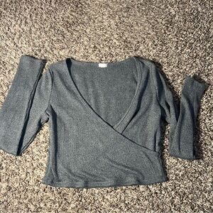 Garage M Grey Ribbed Wrapped Cropped Long Sleeve Shirt
